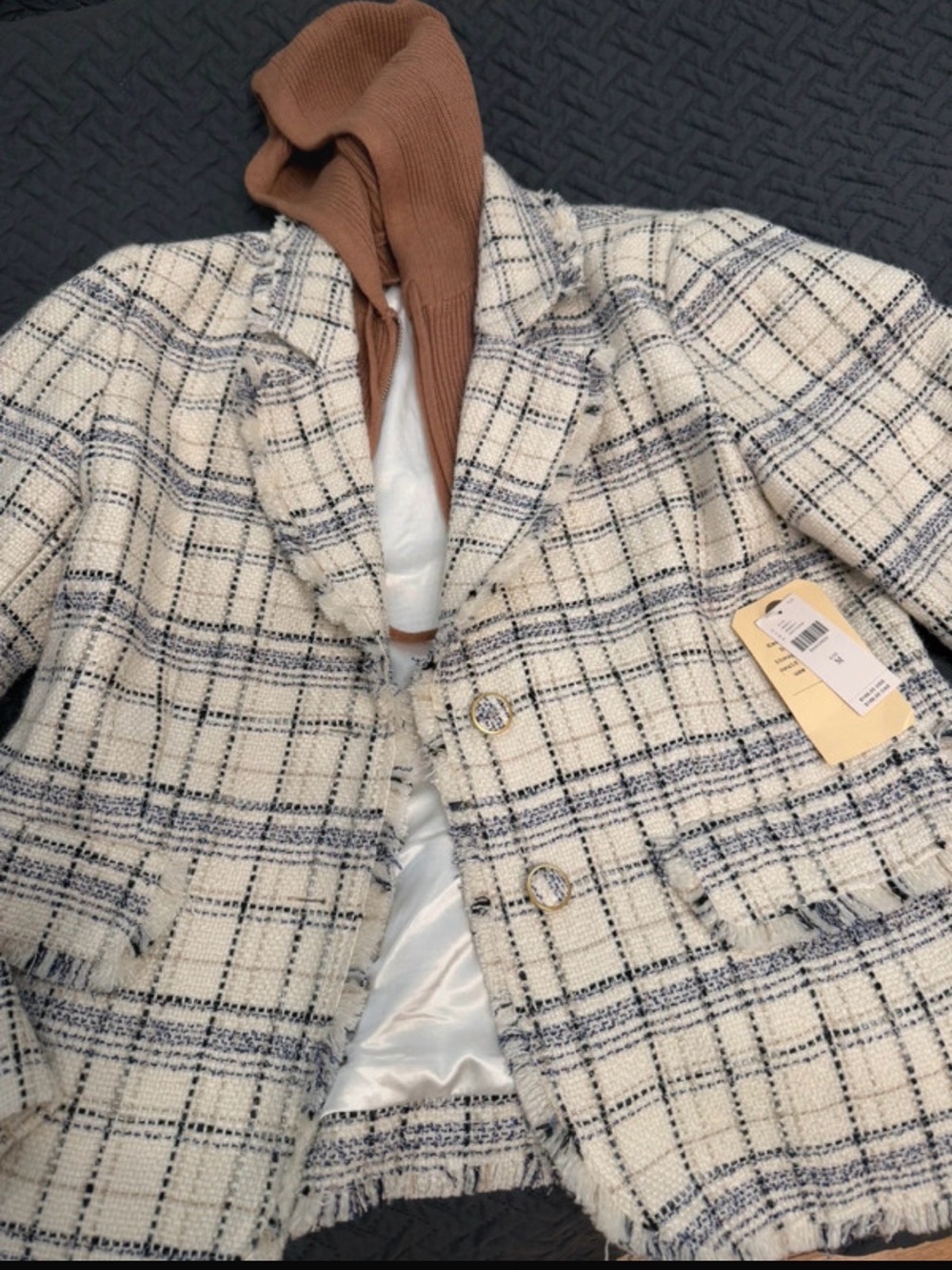 Anthropologie Cream and Navy Tweed Blazer with Subtle Black Accents